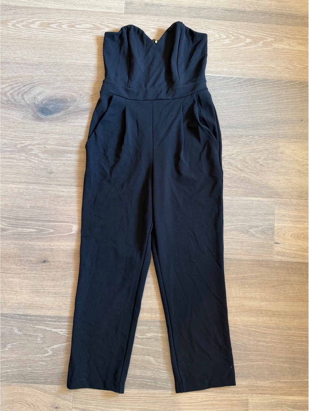 Black Strapless chic minimalist Jumpsuit with Gold Back Zipper Express size 4
